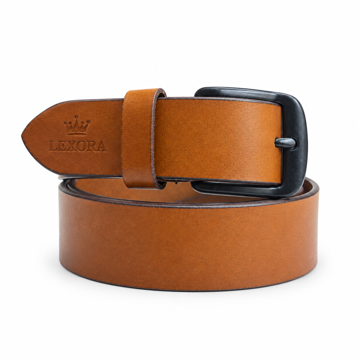 LEXORA Hand Crafted Classic Tan Genuine Leather Belt with Matte Black Buckle