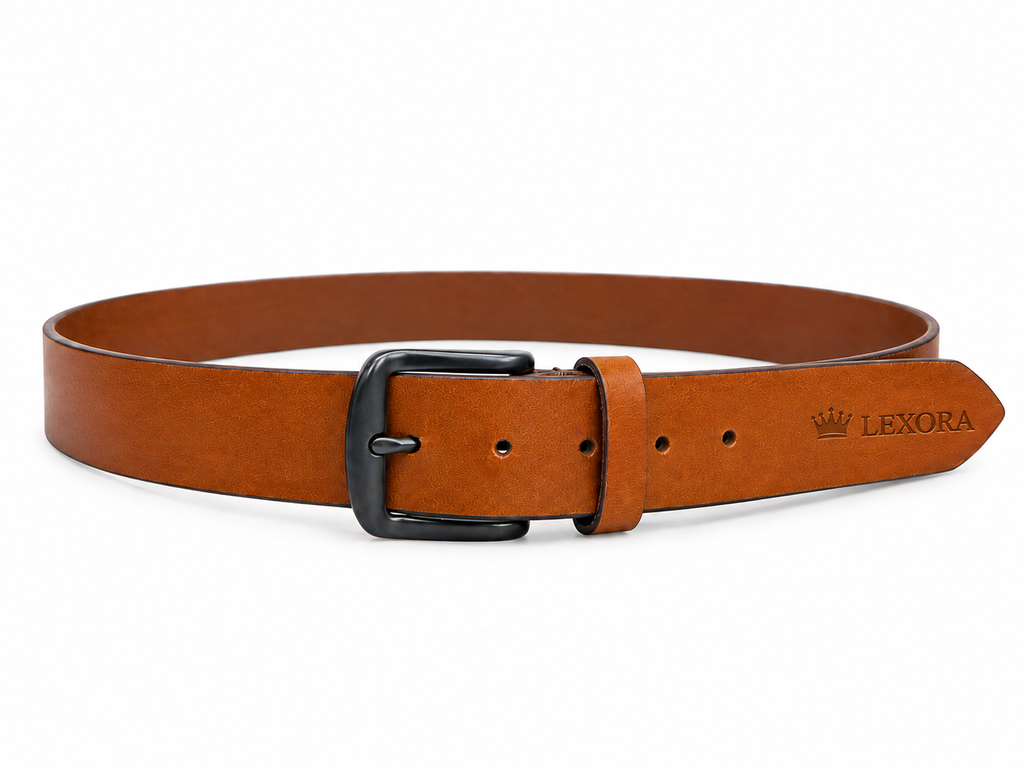 LEXORA Hand Crafted Classic Tan Genuine Leather Belt with Matte Black Buckle