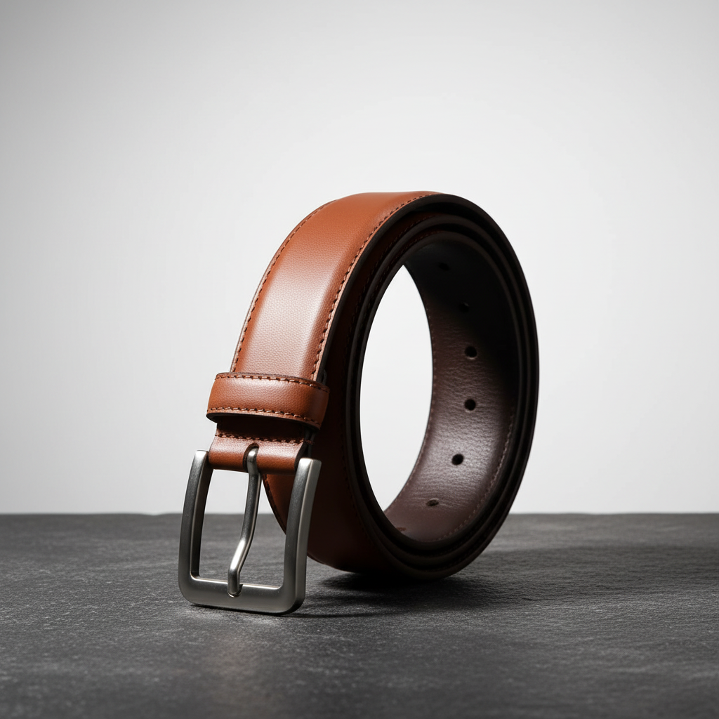 Classic Grain Leather Belt - Folded Upright Stone Surface