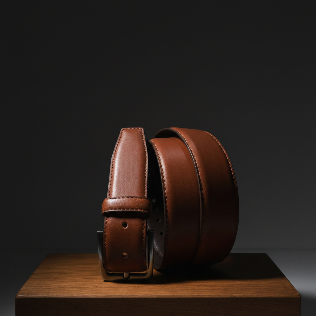 Classic Grain Leather Belt - S-Curve Wooden Surface